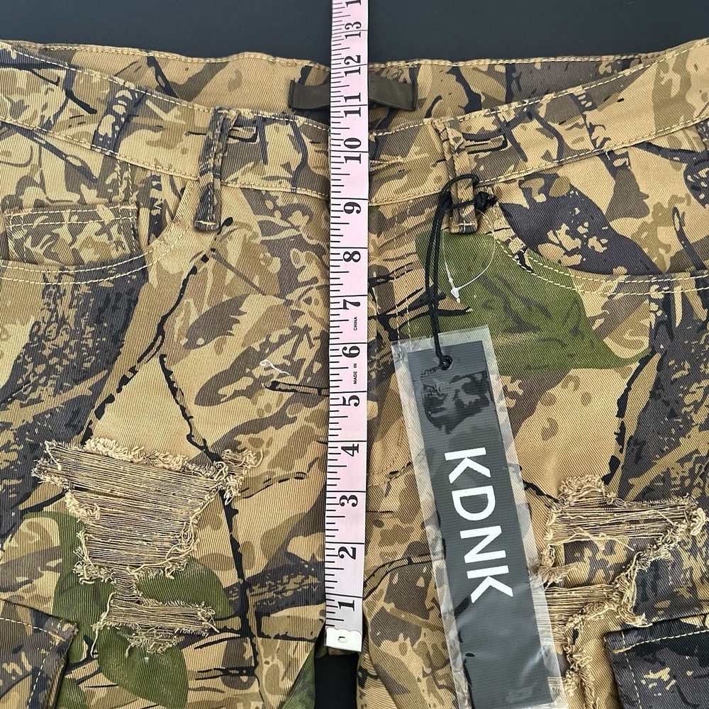 KDNK Mens Forest Camo Brown Pants 32/31.5 Skinny Ripped Patches Outdoor Jeans - Picture 9 of 16